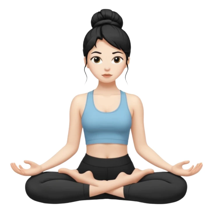 white girl with black long hair in a messy bun doing yoga sticker