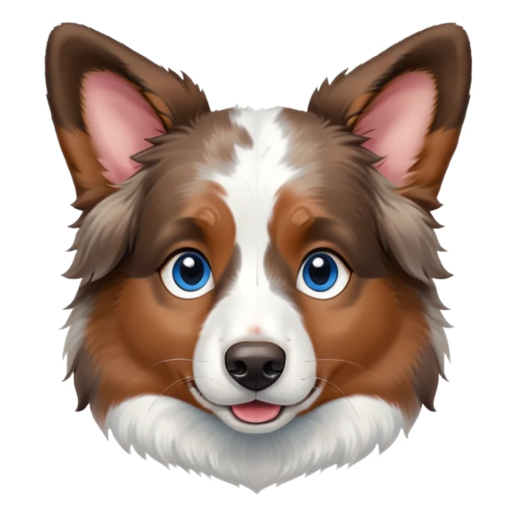 cute close-up of Australian Shepherd dog face, adorable expression, detailed heterochromatic eyes (one blue one brown), fluffy fur with merle pattern, expressive ears, sweet smile sticker