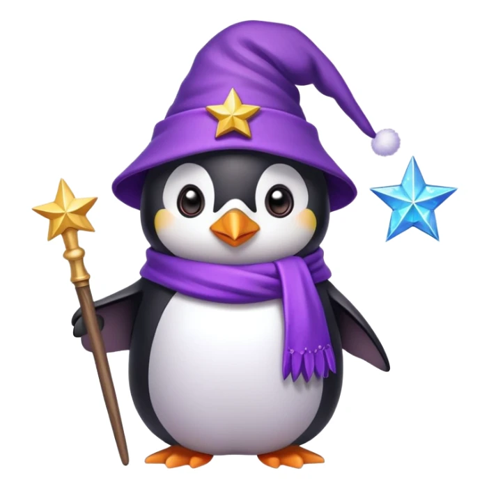 A cute penguin wearing a purple wizard hat and holding a magic wand with a star on the tip sticker