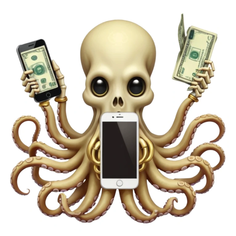 Intimidating octopus skeleton. Evil looking eyes, wearing a gold necklace. 3 tentacles are holding their own cellphone with one held to the side of its face as if its on a phone call, 2 other tentacles are holding stacks of money sticker