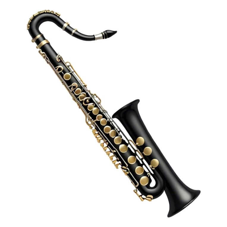 Create an elegant and detailed emoji representing a clarinet. The design should feature the sleek, black wood finish of the clarinet with its shiny metal keys clearly visible. Highlight the intricate details, such as the bell at the end and the carefully crafted mouthpiece with the reed. Use black wood tones for the body of the instrument and silver or brass accents for the keys. Add subtle musical notes or soundwaves floating around the instrument to evoke the smooth, melodic sound of the clarinet. The background should be transparent. sticker