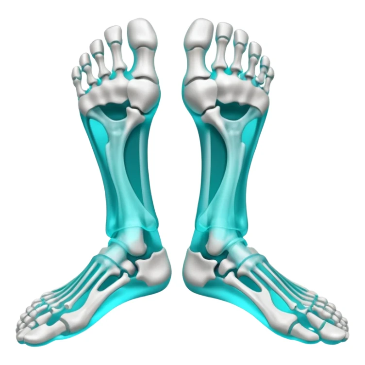 3D render of Foot Bones, X-Ray imaging aesthetic, translucent materials showing internal structure, top-down view of foot bones in cyan glow, medical scan style, emoji style, isolated on white background --v 6.0. sticker