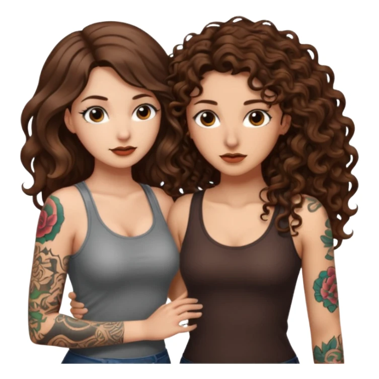 whisper plan — long wavy brown hair tattooed woman and short tight curly brown hair woman — leaning close plotting sticker