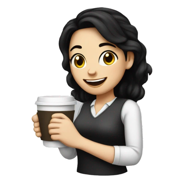 White girl with black hair and a coffe cup on the hand and smiling  sticker
