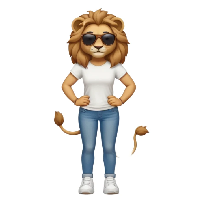 friendly anthropomorphised female lion character, full body, standing confidently with legs shoulder width apart and arms folded, wearing jeans, a white t-shirt, dark sunglasses, and trainers, with a confident smile sticker