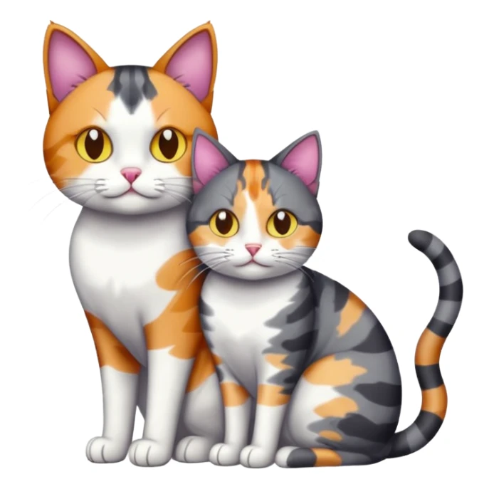 full body colourful light patched calico + white tabby cat cuddling a big dark grey and white tabby cat  sticker