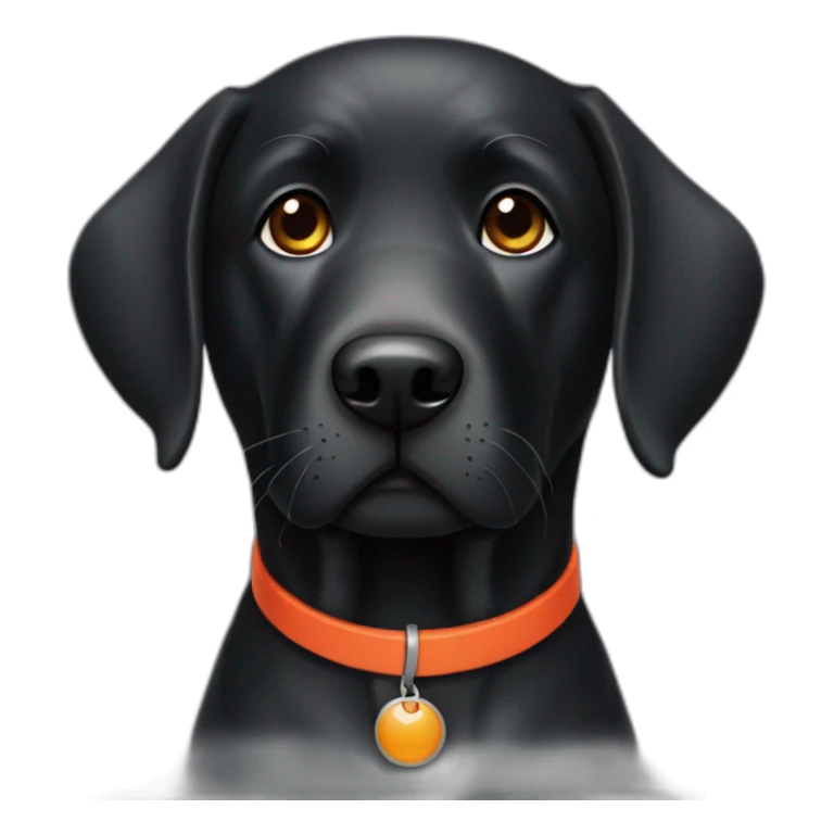 old black labrador with red collar and orange clothes sticker