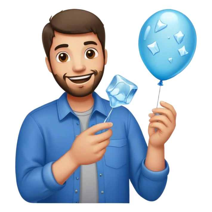 A very happy man with Ice cubes, broken glass and a balloon  sticker