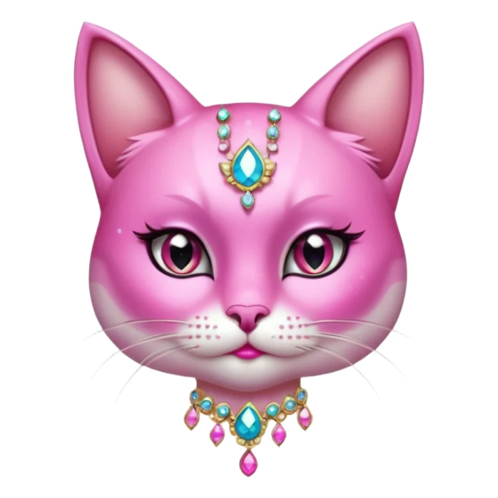 glamorous cat portrait, head and shoulders only, exaggerated pink makeup, bright eyeshadow, long eyelashes, shiny blush cheeks, sparkling face gems, glitter accents, elegant earrings, fantasy beauty style, cute 3D cartoon, mobile game icon style, clean background, no text, no watermark
 sticker