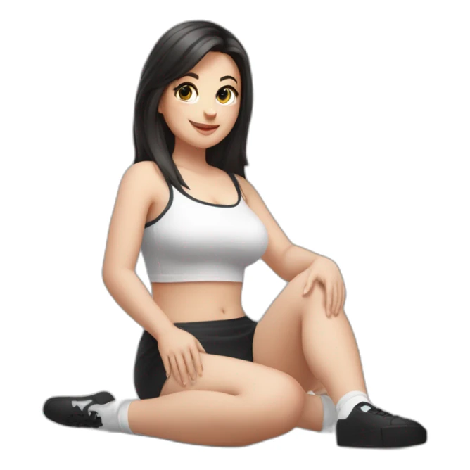 Front view full body curvy caucasian beauty sitting on the floor straight hands up black skirt white knickers white socks sticker