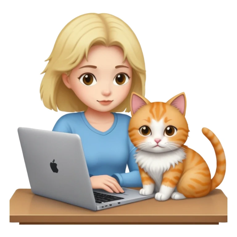 A girl is working hard on a laptop with a cat next to it sticker