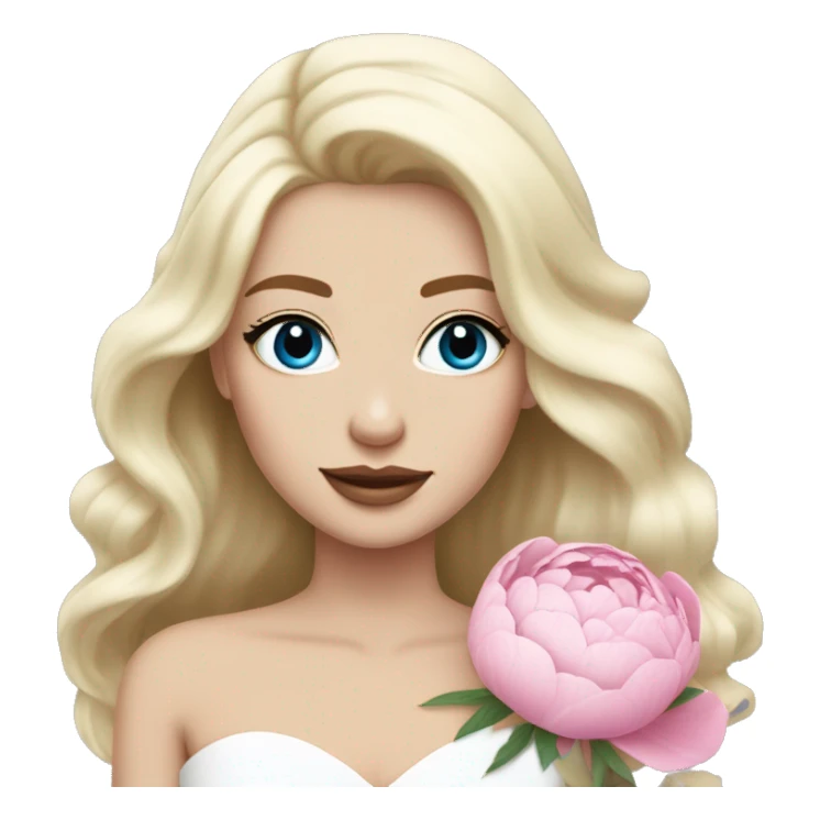 White bride with long light blonde hair and blue eyes with light pink peonies in hair white skin light pink lips sticker