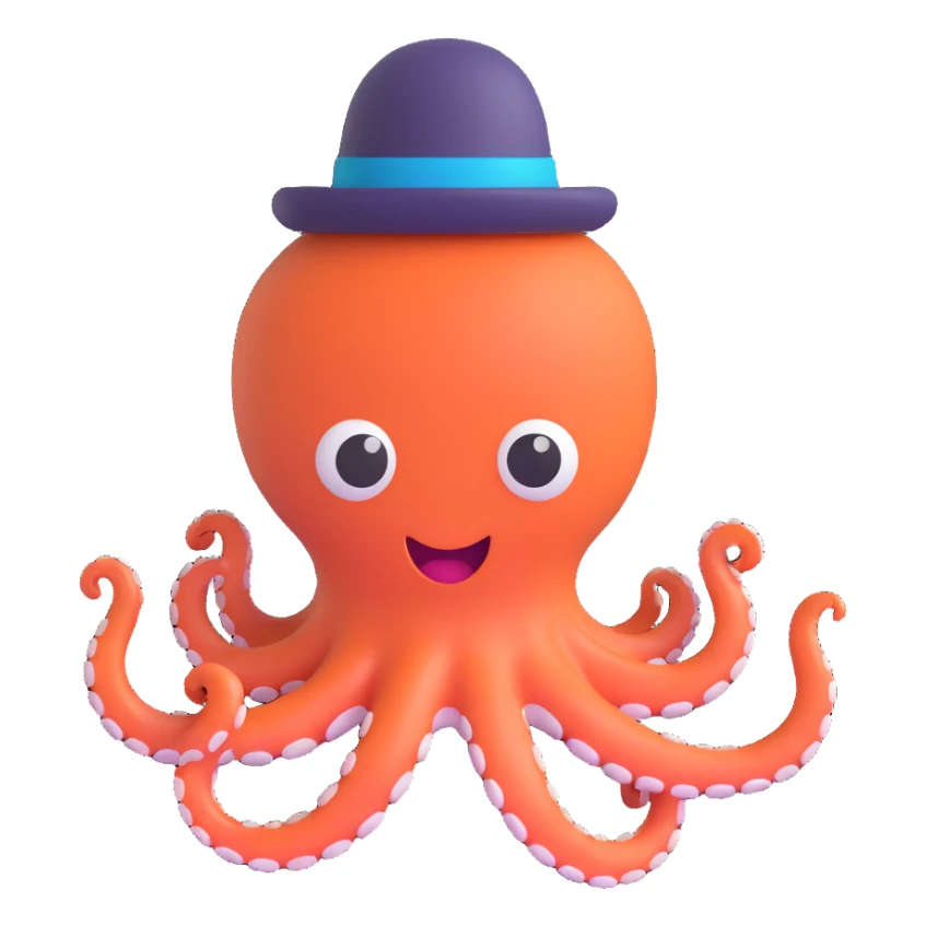 excited octopus wearing a tiny hat, 3D emoji style sticker