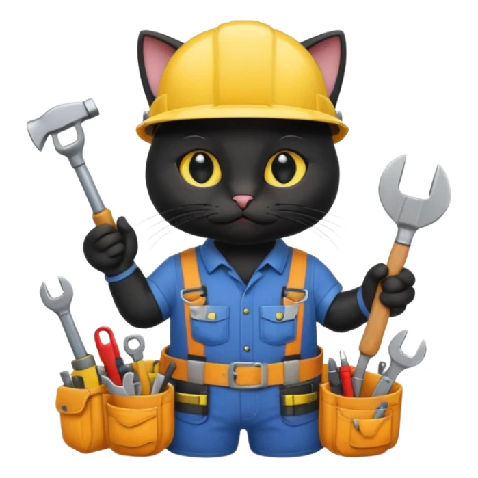 black cat, handyman Outfit, wearing a Helmet sticker