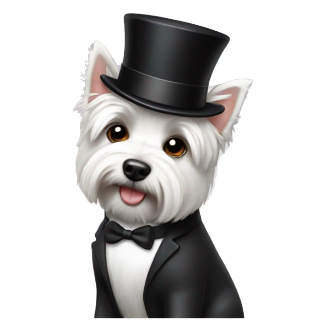 Westie dog with a top hat and a tuxedo sticker