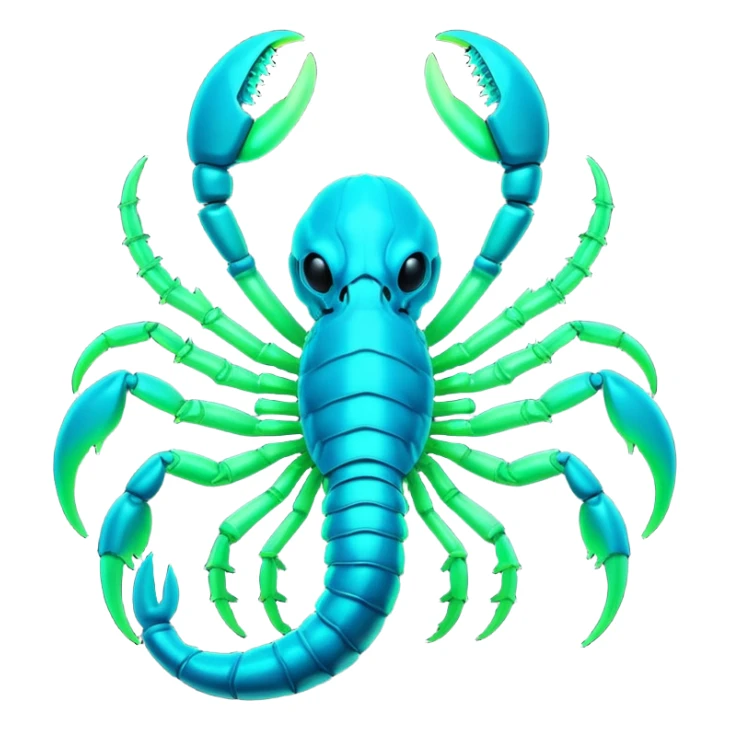3D render of Radioactive Scorpion, bioluminescent deep sea style, glowing neon blue and green lights, dark background to contrast the glow, translucent organic textures, more emission. sticker