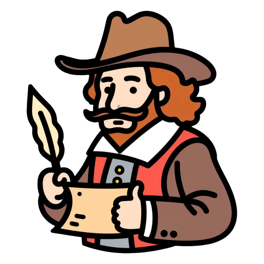 Shakespeare in a cowboy outfit with a scroll and quill sticker