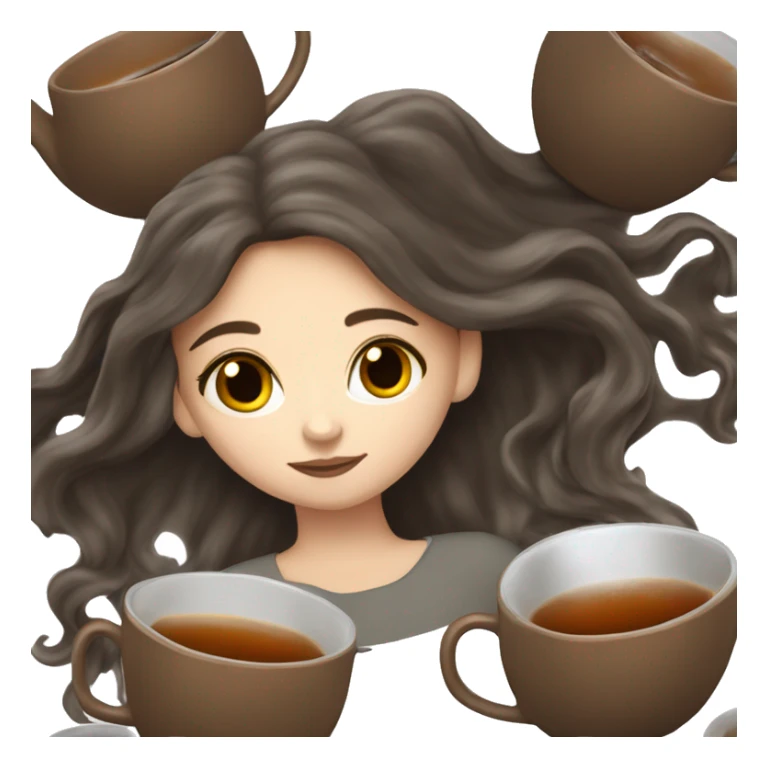 white girl with dark brown long hair holding an Earl grey tea sticker