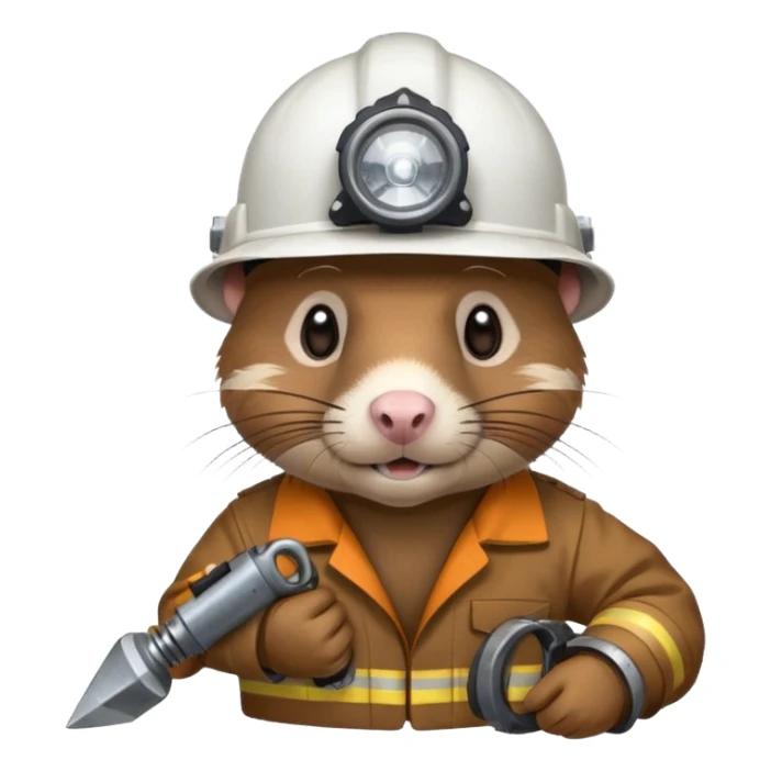 a mole rat with ore drill bit, white helmet, headlamp sticker