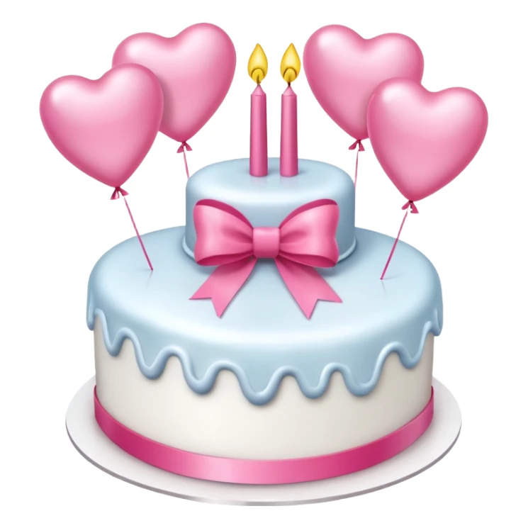 white heart shaped birthday cake with pink bow, pink balloons in background  sticker
