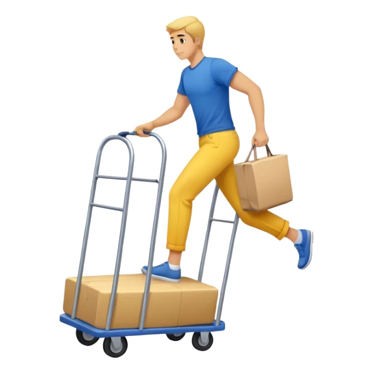 man in blue pants and yellow t-shirt, moving a sofa on trolly sticker