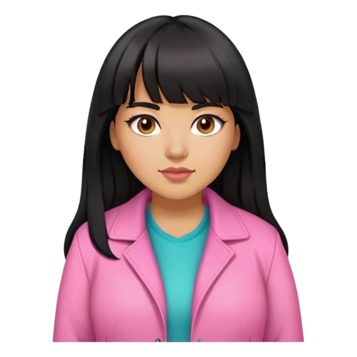 Latina female with bangs black long hair plus size with a pink jacket sticker