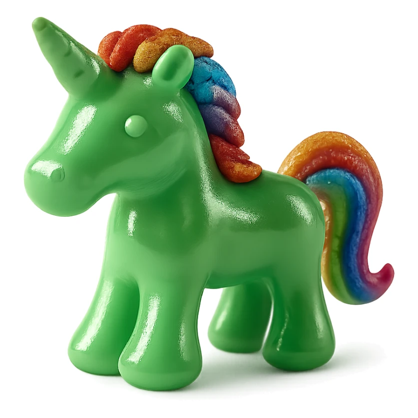 Add a shimmering rainbow mane and tail to the green unicorn-shaped candy, photorealistic style, keep the background transparent. sticker