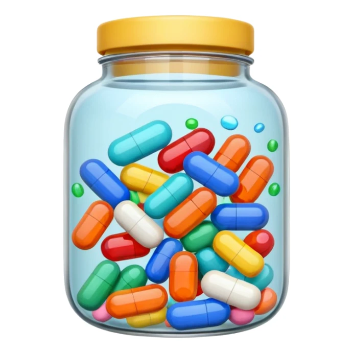 pills in a jar and scattered nearby sticker