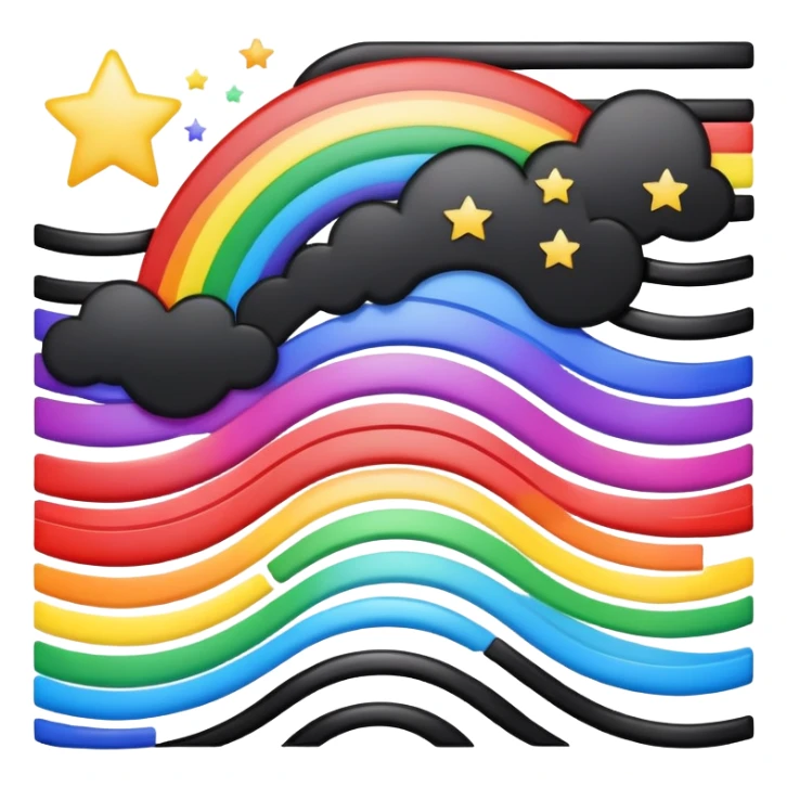 Wavy black rectangle with white stars in the corner and six horizontal rainbow stripes separated by thin black lines sticker