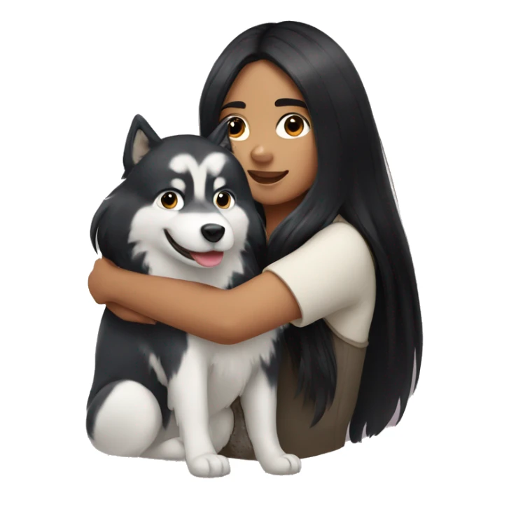 girl with long black hair hugging a husky sticker