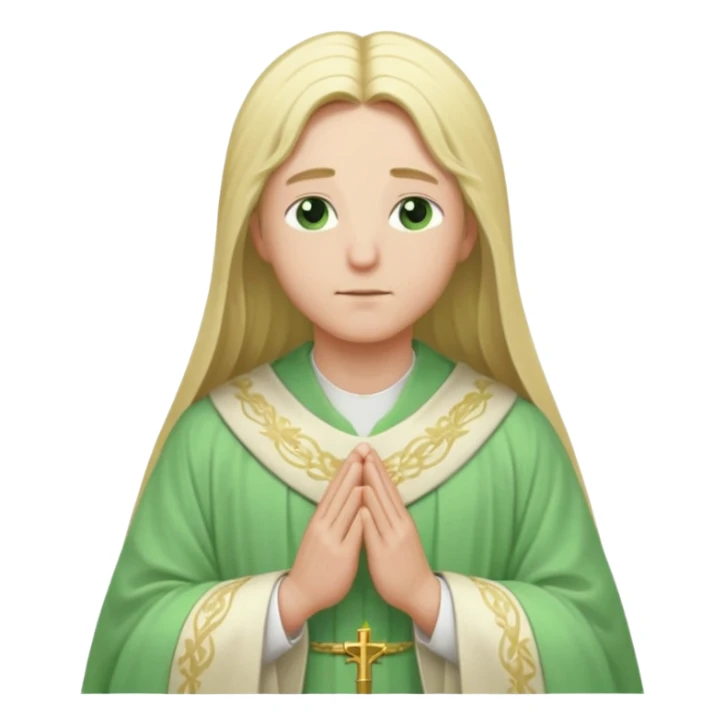 a young bishop, green eyes, long blonde hair, light green wide, flowing outer robe. hands clasped together, eyes closed. Soft light, subtle fern. Waist-up, profile. sticker
