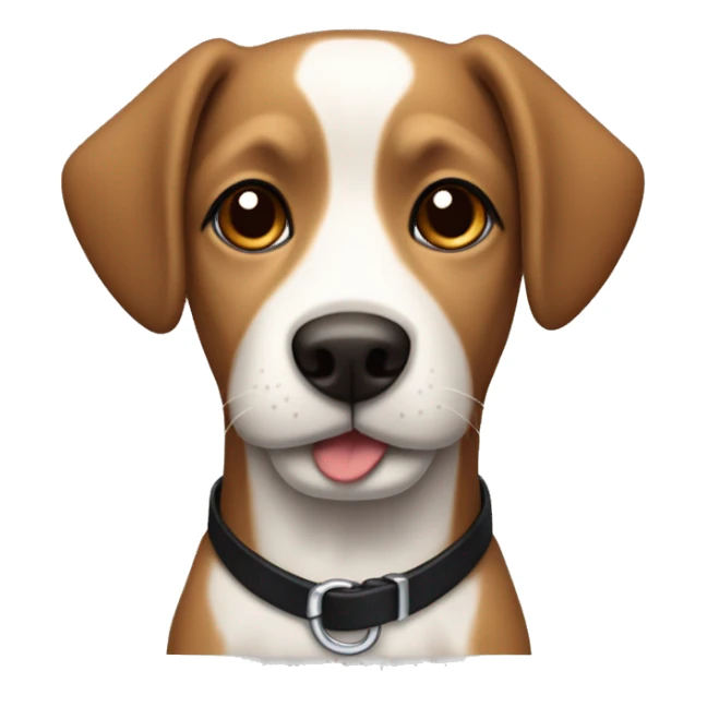 Small brown and white dog with short floppy ears and short snout and black collar sticker