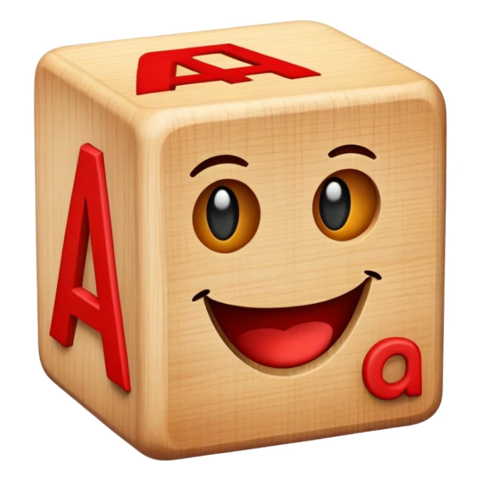 A wooden alphabet block with letter A and a cute smiling face sticker