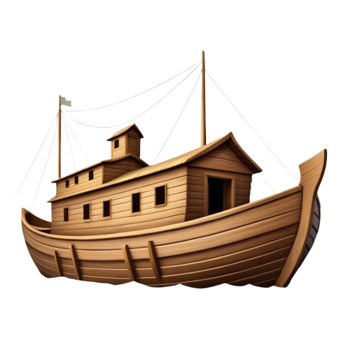 Huge empty wooden Noah's ark boat on water, wide and spacious, no occupants, realistic details sticker