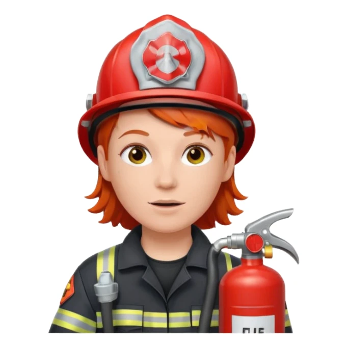 red haired Firefighter with respiratory protection with fire extinguisher sticker
