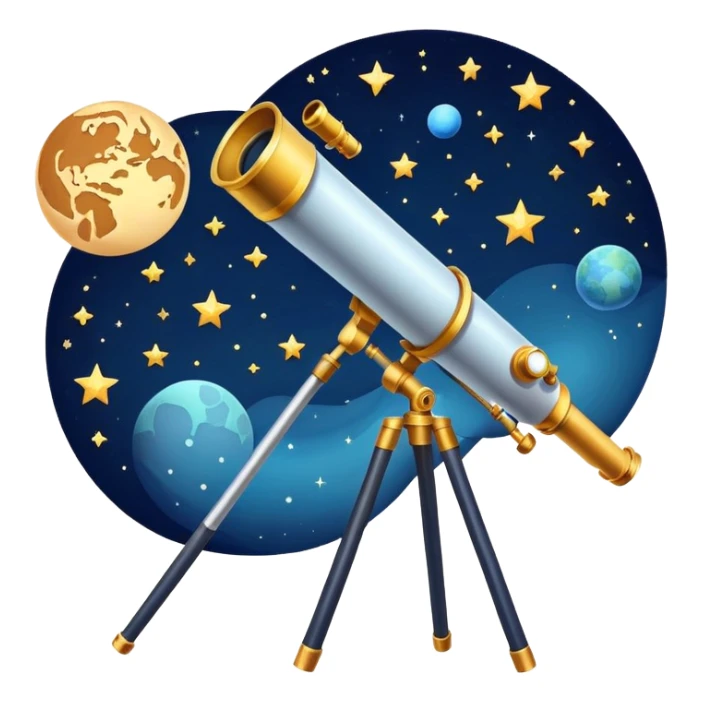 An icon featuring a telescope, stars, and a planet, symbolizing astronomy. The design includes a crescent moon, distant galaxies, and constellations, representing the study of space and celestial bodies. Transparent background highlights the exploration of the universe and cosmic phenomena. sticker