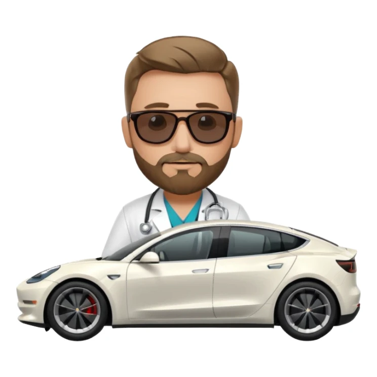White tesla model 3 and one cool physician with dark blond hair, beard, stetoscope and dark sunglasses next to it sticker