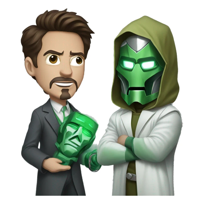 Robert Downey Jr. dressed as Doctor Doom and holding Doctor Doom masks sticker