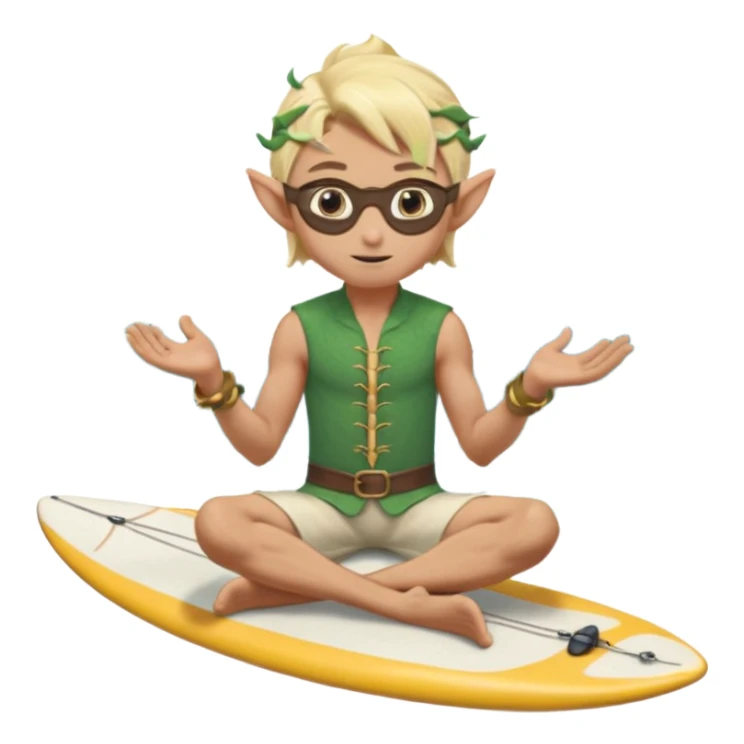 elf male legolas sitting on surfboard (ashore), hands manipulating two orbs of swirling seawater giving a "massage" to his own shoulders, wearing relaxed linen shorts over swimwear, tinted elven sunglasses, pointy ears, content expression, centered emoji sticker