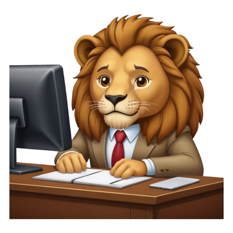 The lion-boss is sitting at the desk in the office. sticker