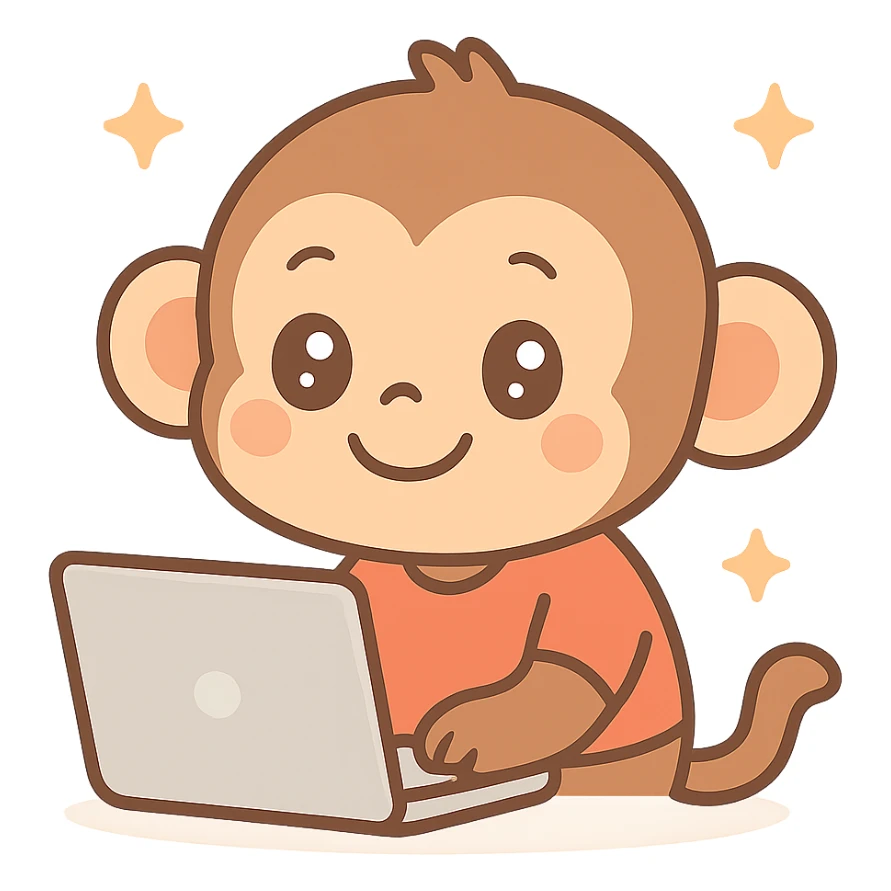 cute cartoon monkey using a laptop, smiling, wearing a red shirt sticker