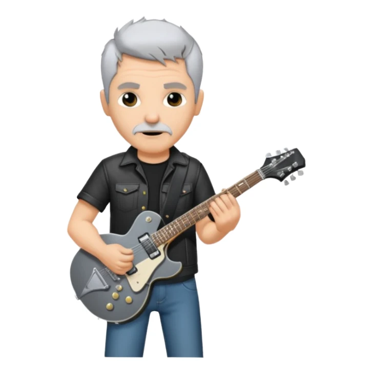 a short grey hair with no beard, middle age metal head with a classic epiphone eletric guitar sticker