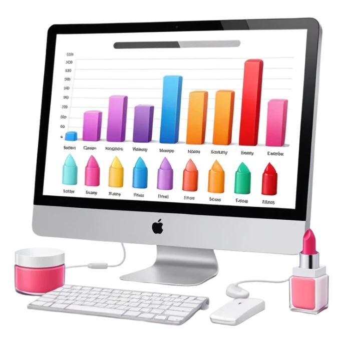 iMac computer with bar charts and beauty products like lipstick, nail polish, cream jars on the screen sticker