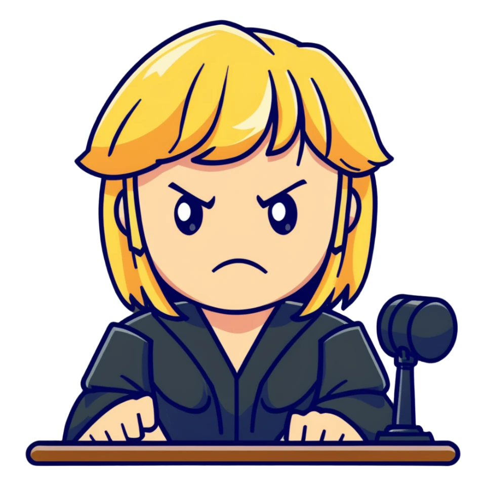 angry judge with blonde shoulder-length hair and bangs sticker