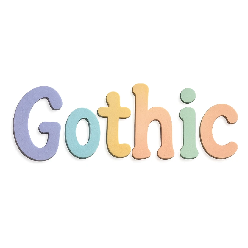 "Gothic" in soft pastel rainbow quirky handwritten font, kawaii, no outline, 3D paper-craft effect sticker