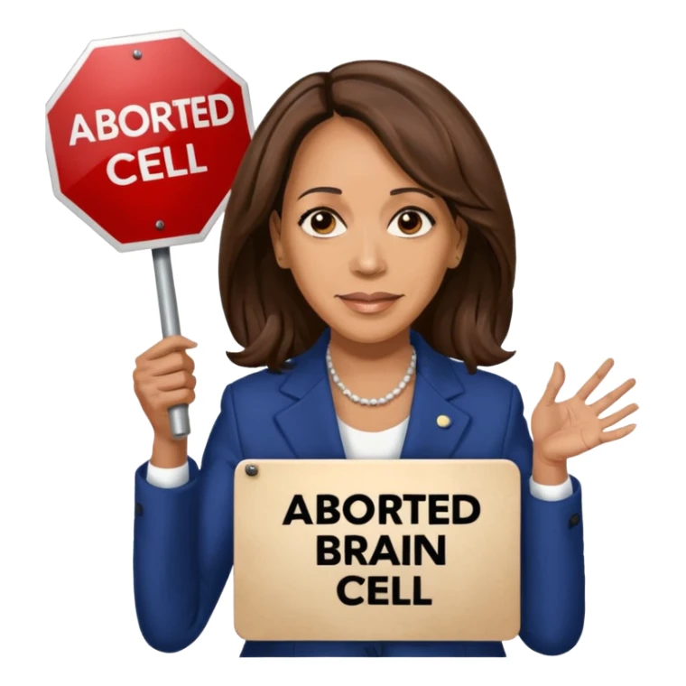 Kamala Harris holding a sign that says “ I aborted my last brain cell” sticker