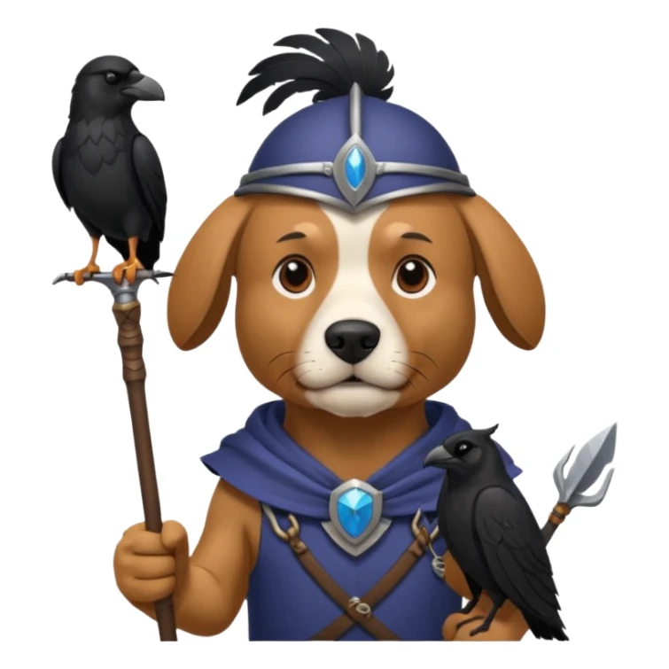 dog odin has spear. he has raven on his shoulder. dynamic pose sticker