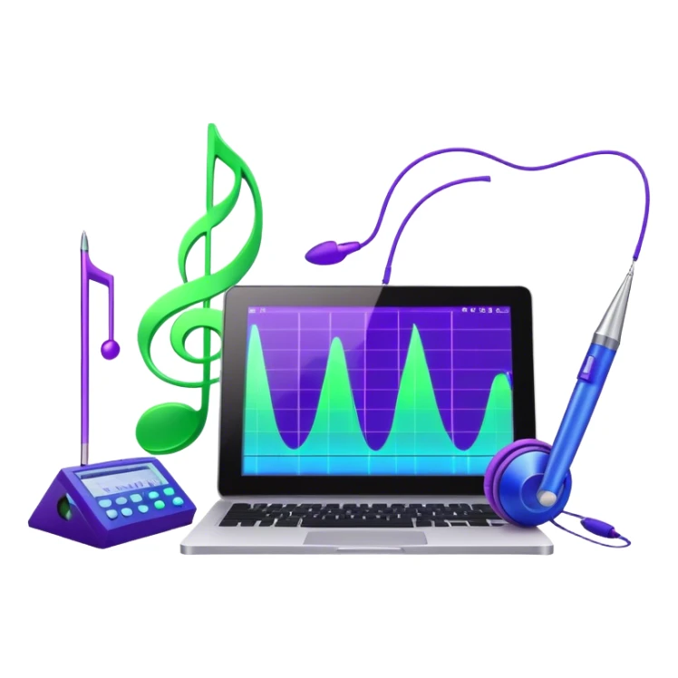 Create a creative and inspiring emoji that represents writing music tracks. The design should feature musical notes, a pen or pencil, and a digital audio workstation (DAW) interface or a computer screen with a visible waveform, symbolizing the process of composing and arranging a track. Add elements like a metronome or a pair of headphones to reflect the recording and editing aspects. Use vibrant colors like electric blue, purple, or neon green to represent creativity and innovation in music production. The background should be transparent. sticker