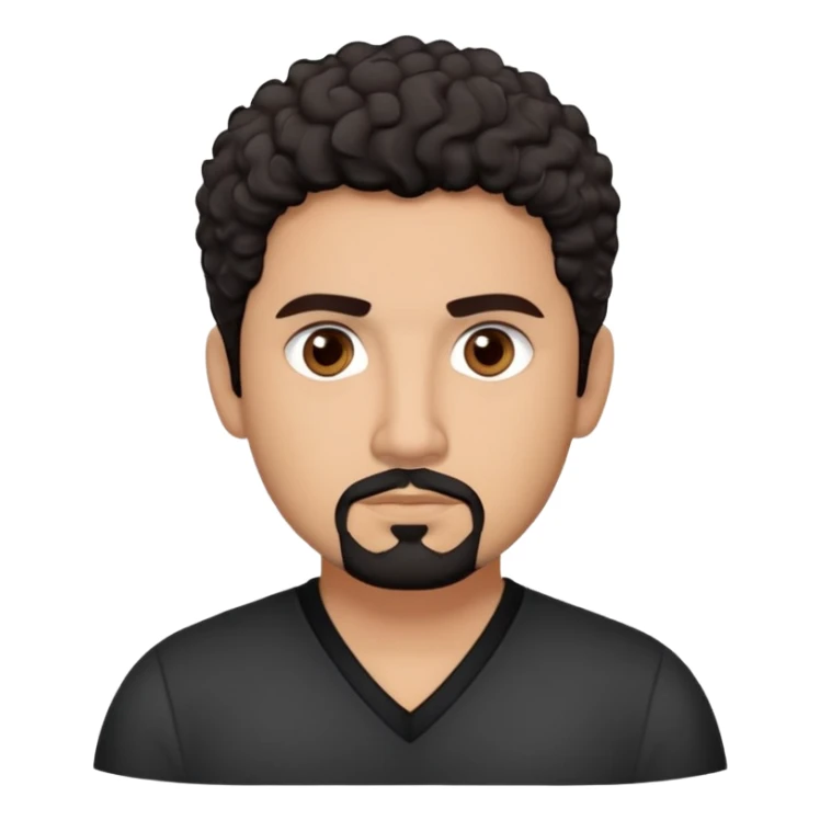 Latino theatre director with light cinnamon skin. Structured face with defined features. Critical dark brown eyes. Thoughtful expression. Well-groomed black goatee with some gray. Short curly dark hair. Wearing a black V-neck shirt with minimal design. sticker