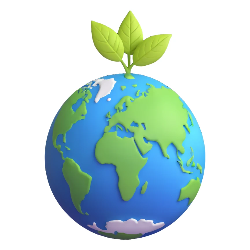 A single green leaf resting gently on top of a vibrant, round Earth globe. The focus is on the leaf and the globe with a simple background and soft natural lighting sticker